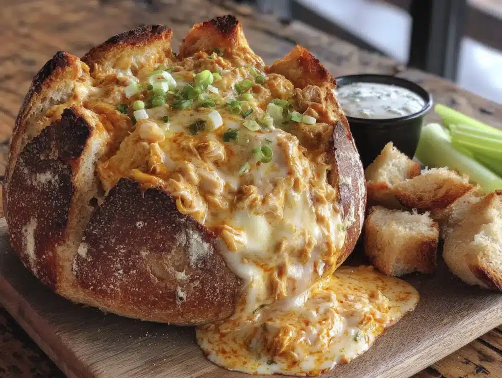 buffalo chicken dip stuffed bread bowl - featured image