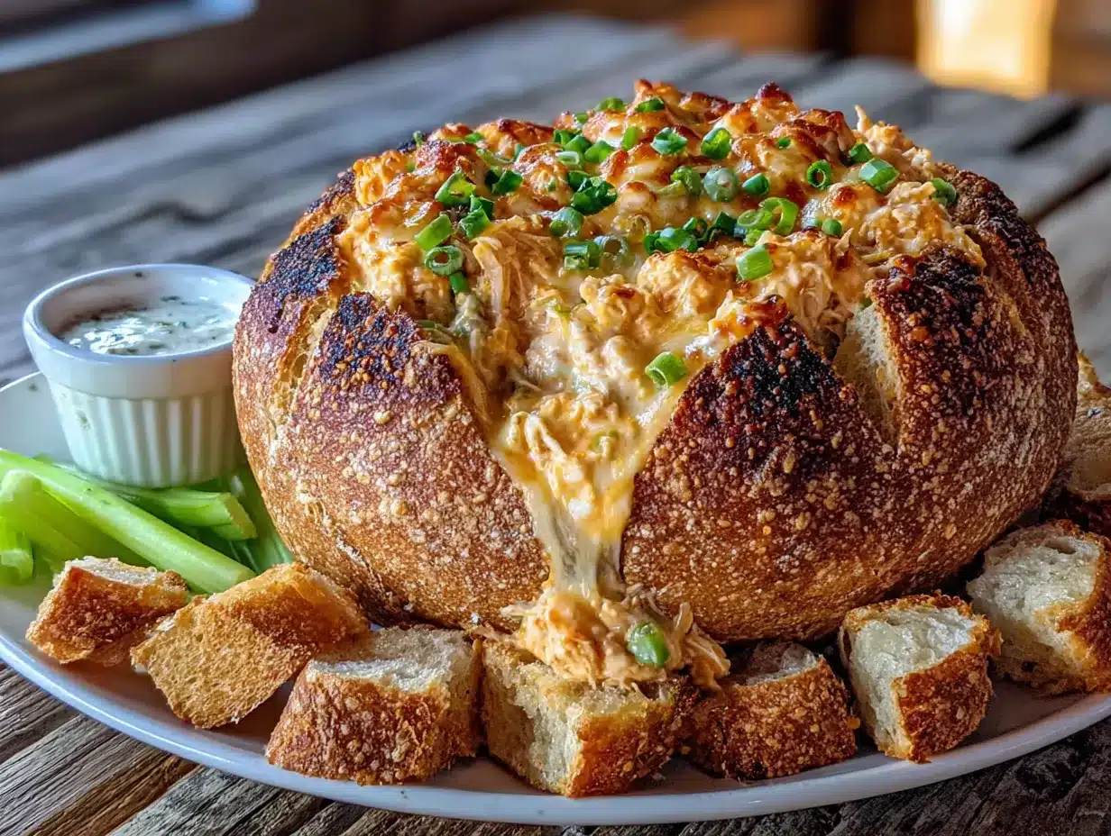 buffalo chicken dip stuffed bread bowl preparation steps
