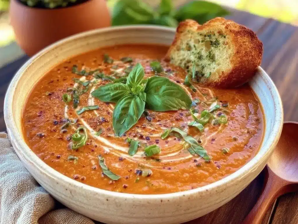 creamy roasted tomato soup with fresh basil - featured image