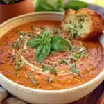creamy roasted tomato soup with fresh basil - featured image