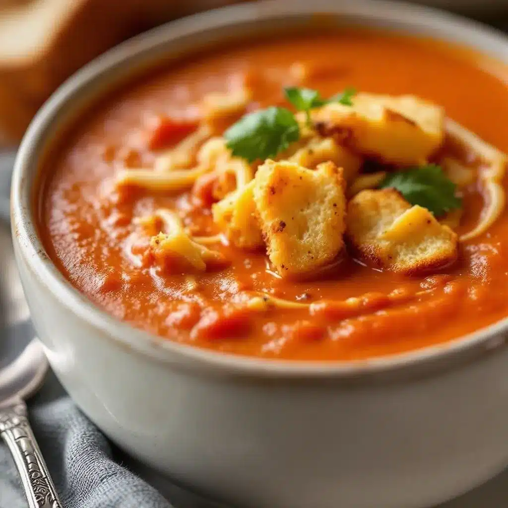 creamy tomato soup with grilled cheese croutons preparation steps