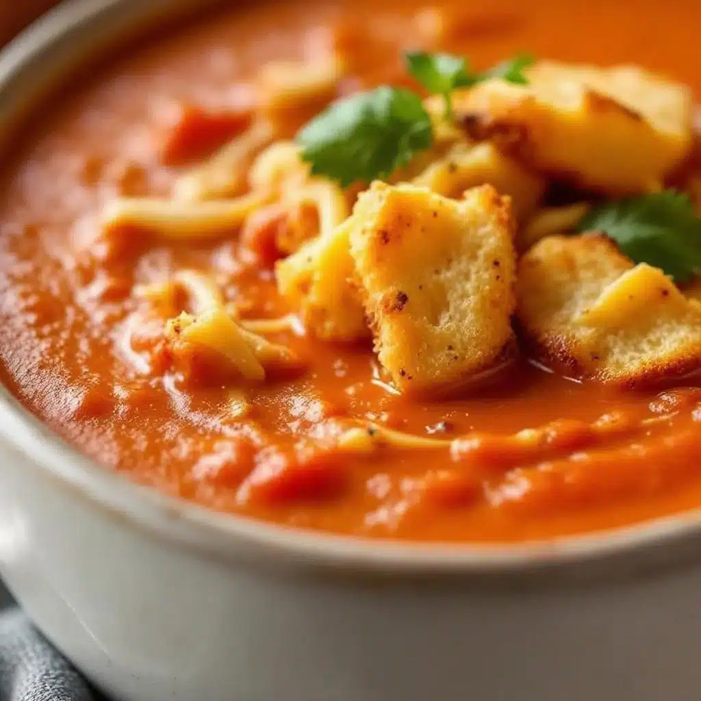 creamy tomato soup with grilled cheese croutons - featured image