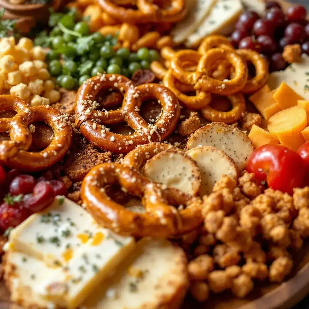football charcuterie board with pretzels and cheese preparation steps