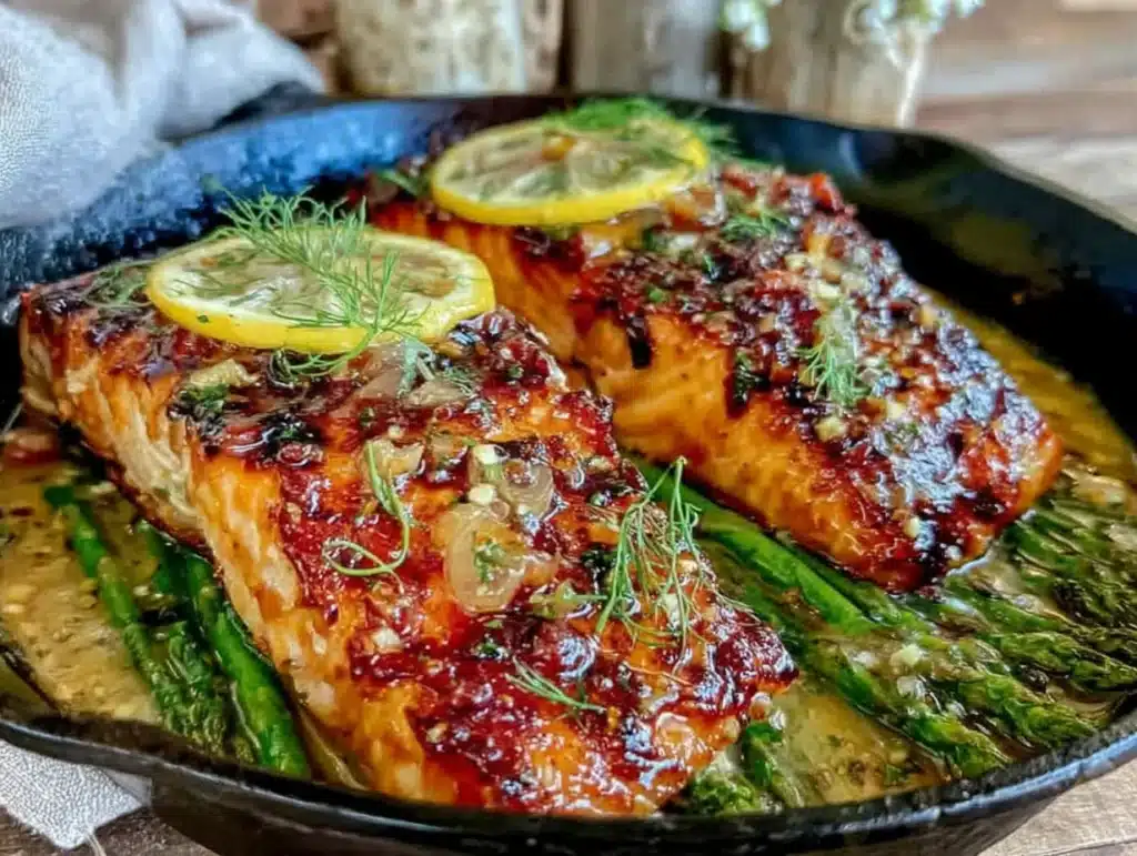 one-pan honey garlic salmon with asparagus - featured image