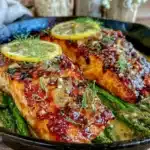 one-pan honey garlic salmon with asparagus - featured image
