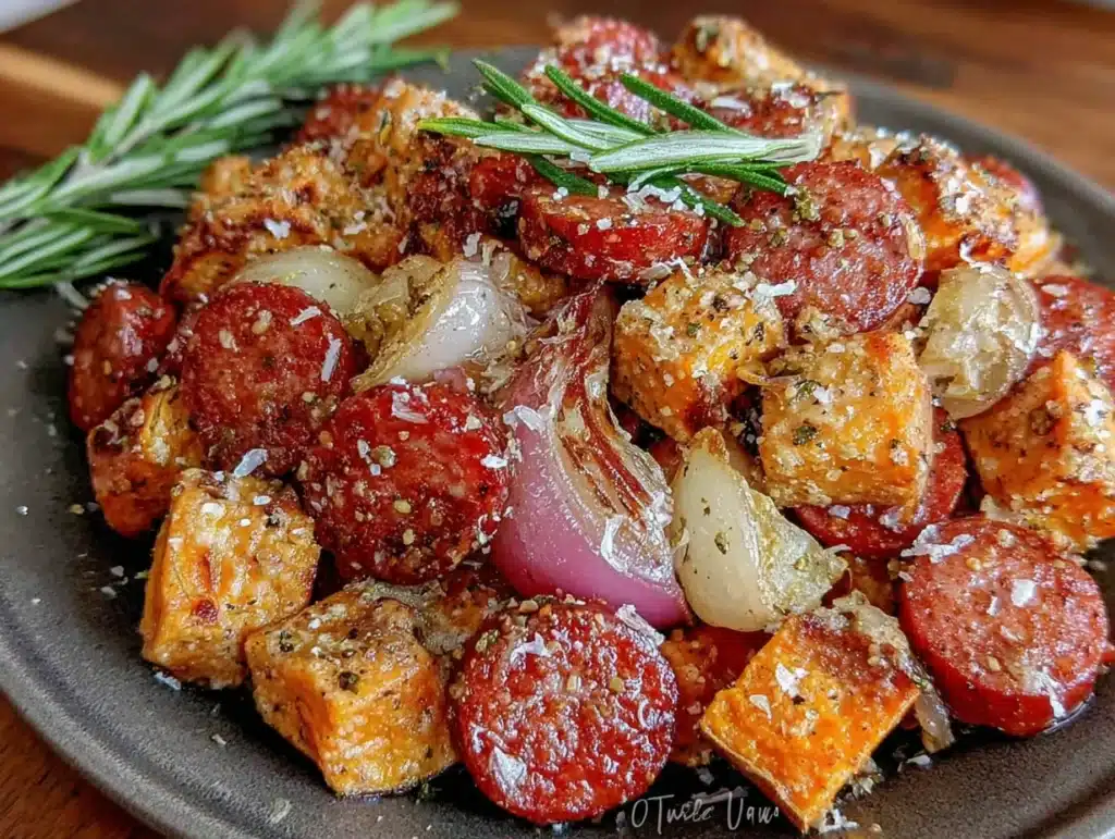 sheet pan sweet potato chicken sausage dinner - featured image