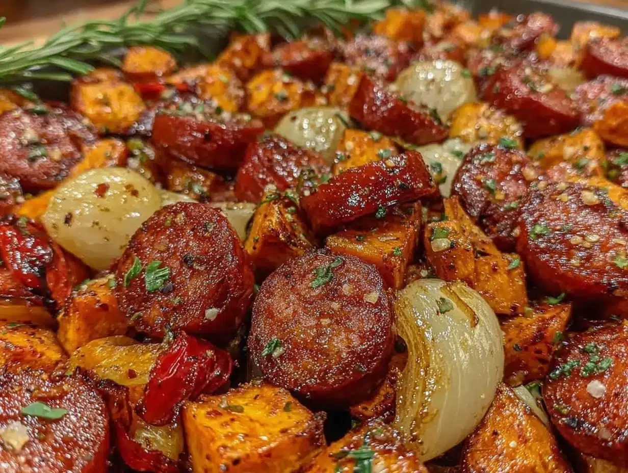 sheet pan sweet potato chicken sausage dinner preparation steps