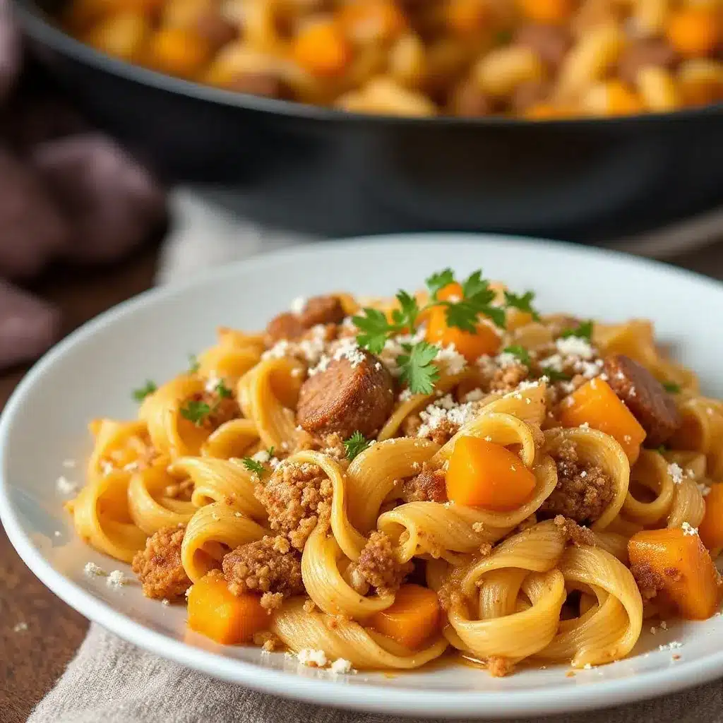 one-pan fall pasta with sausage and squash preparation steps